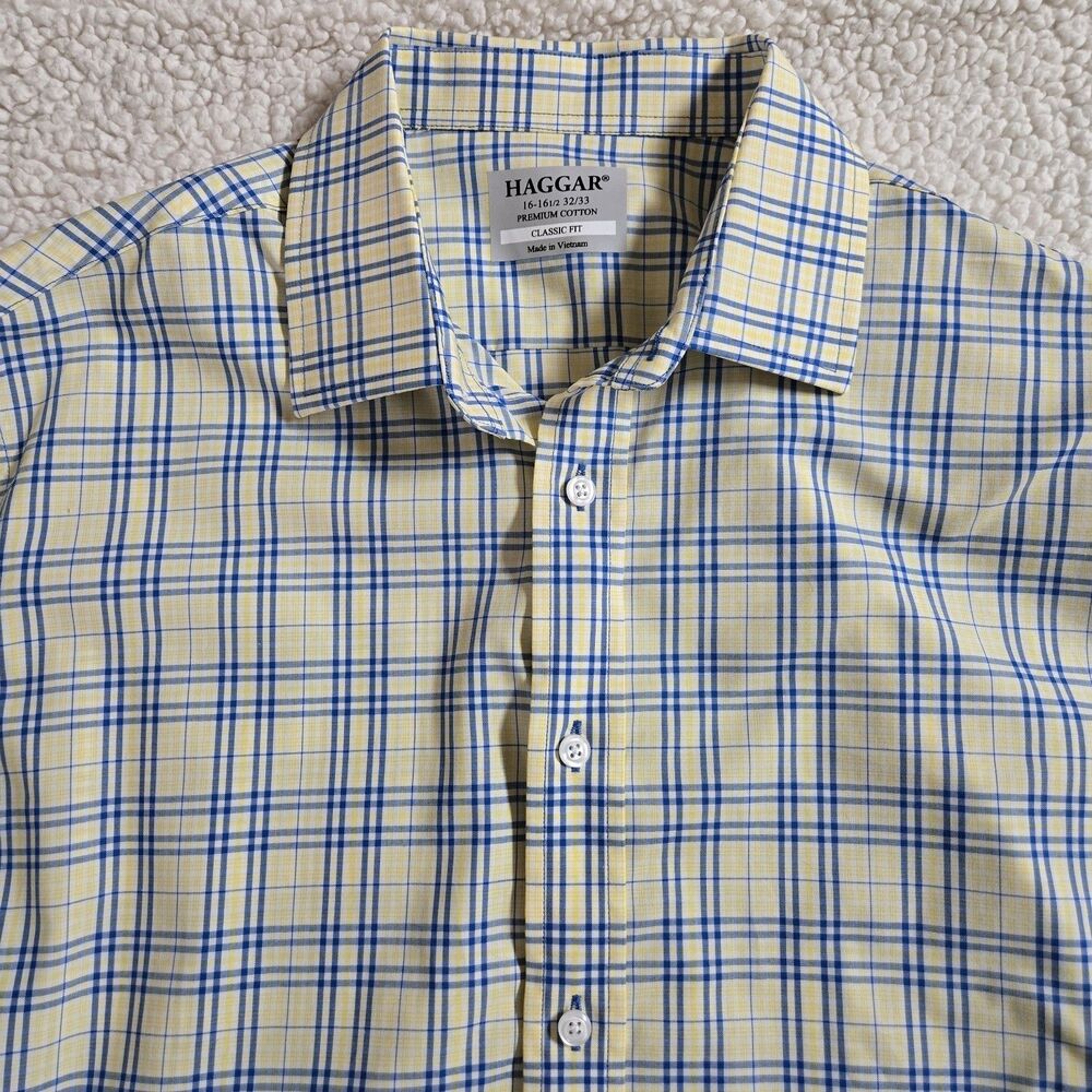 Haggar Mens Shirt Size L Yellow/Blue Plaid Long Sleeve Button Down 100% Cotton